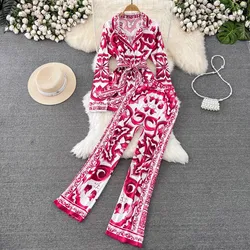 Autumn Fashion Runway Pants Suit Women's Long Sleeve Blue And White Porcelain Print Long Jacket + Pants 2 Pieces Set N8730