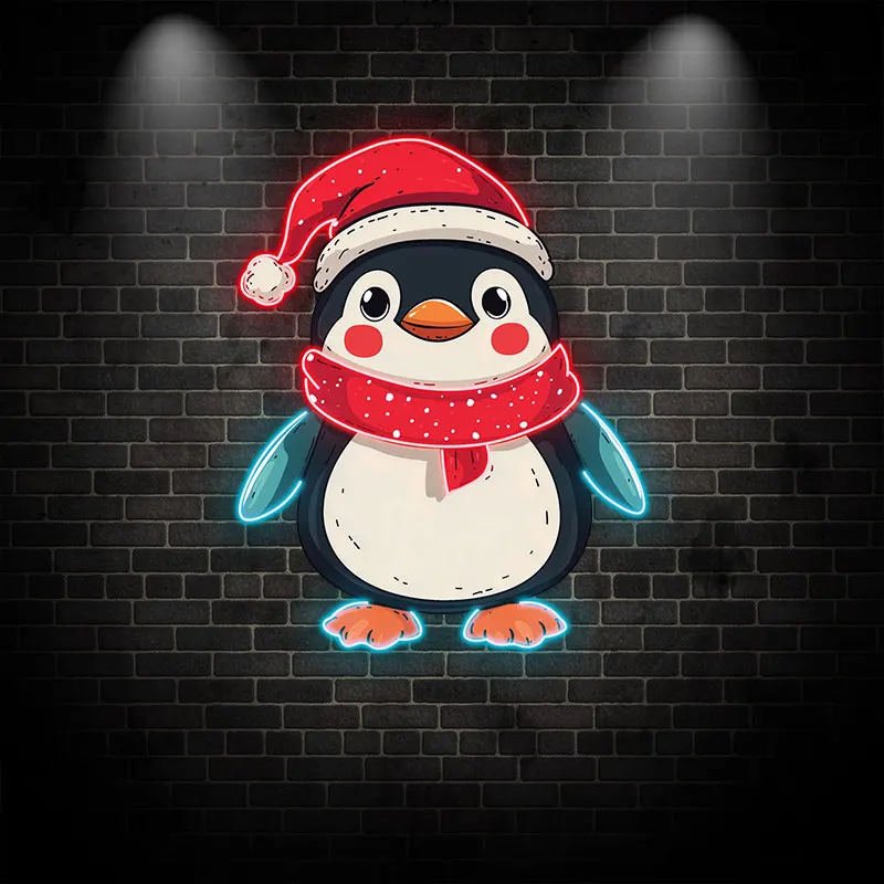 Cute Penguin In Christmas Costume Neon Sign, Winter Home Wall Decor, Perfect Gift For Friends & Penguin Lovers