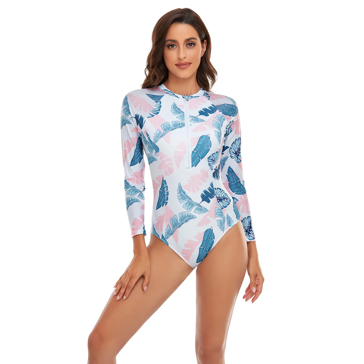 

Long Sleeve Swimsuit Women One Piece Floral Print Bathing Suit Sport Zipper Surfsuit Swimwear Beachwear Sexy Rash Guard 2023 New