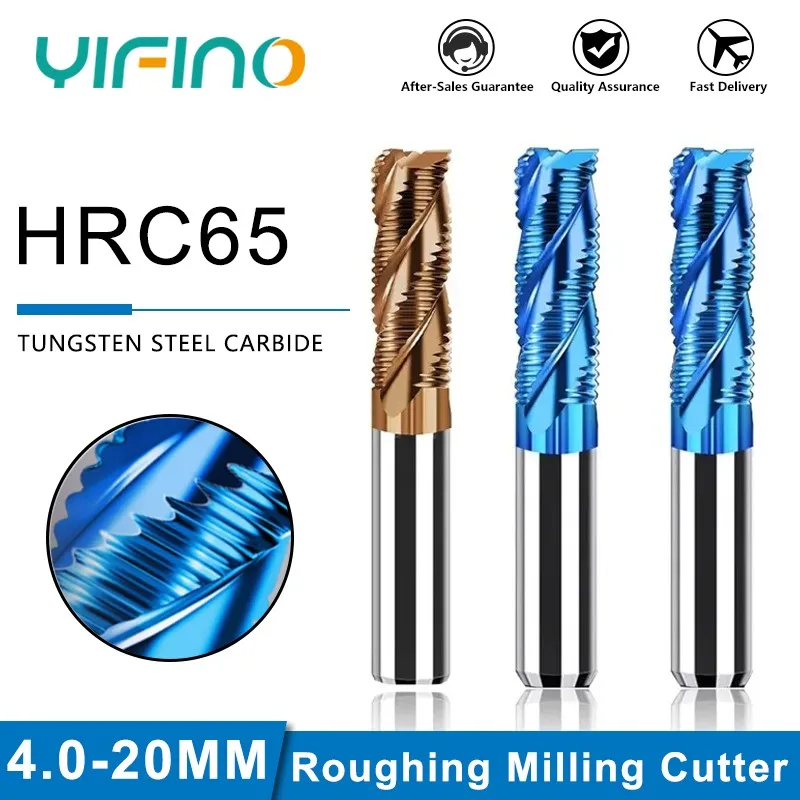 

YIFINO HRC55/65 4-Flute Blue Nano Coating Tungsten Steel Carbide Roughing Milling Cutter CNC Mechanical Machining Endmill Tools