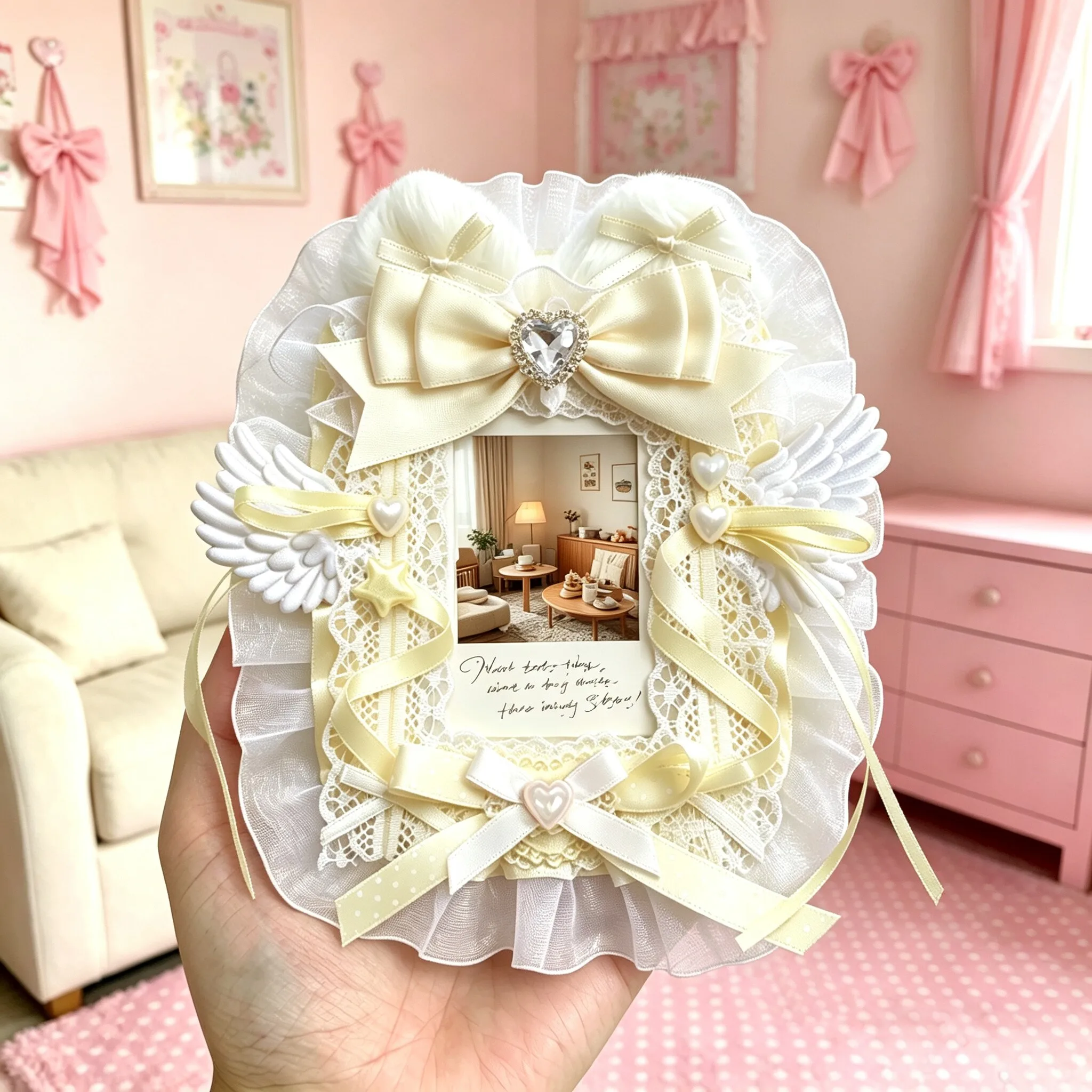 Plush Cat Ear Polka Dot Ribbon Angel Wing Lace Photocard Display Card Holder Lolita Bow 3 Inch KPOP Photocard Decor Border Macaron Color Polaroid Photo Frame Idol Collection Itabag Decor Ornament photocard topper view 3