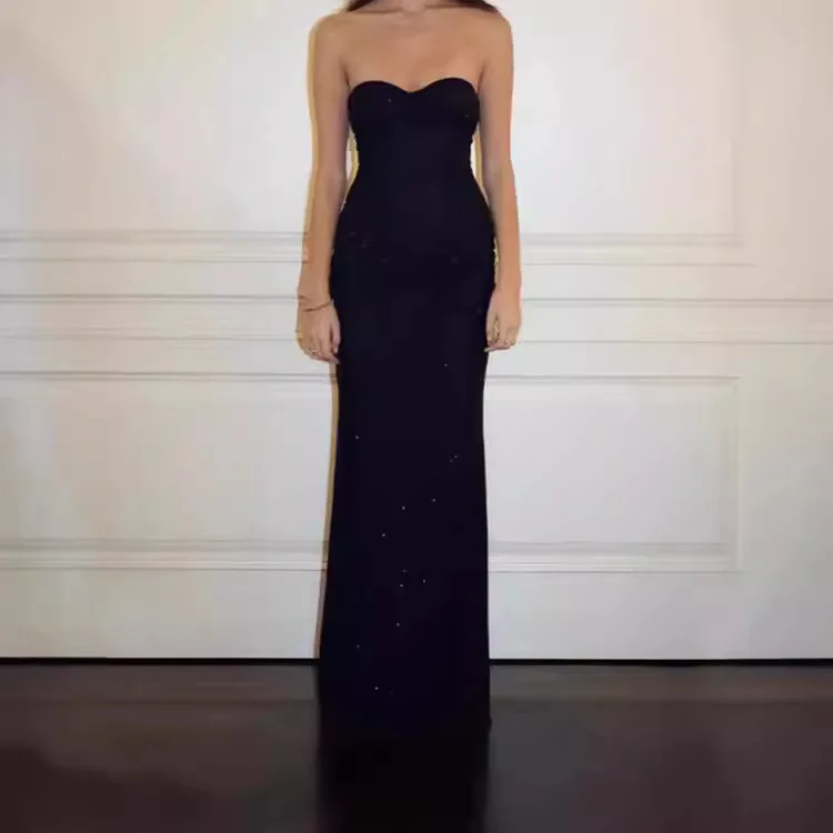 SKMY 2025 été femmes vêtements Sexy fête coupe ajustée dos nu couleur unie robe sans bretelles légèrement transparente robe en queue de poisson