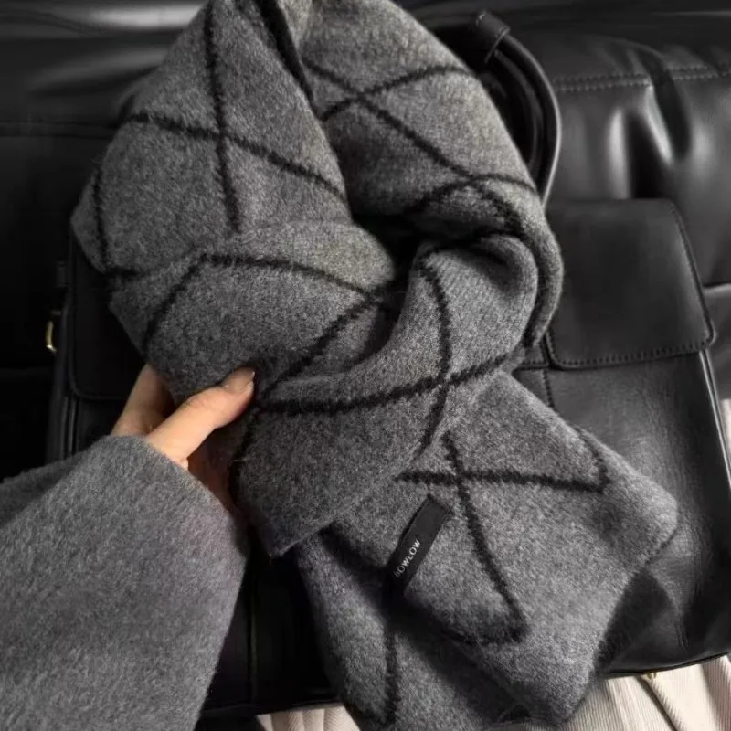 Gray Retro Versatile Wool Knitted Scarf Women Autumn Winter Rhombus Double Sided Thickened Warm Shawl Wrap Soft Cozy