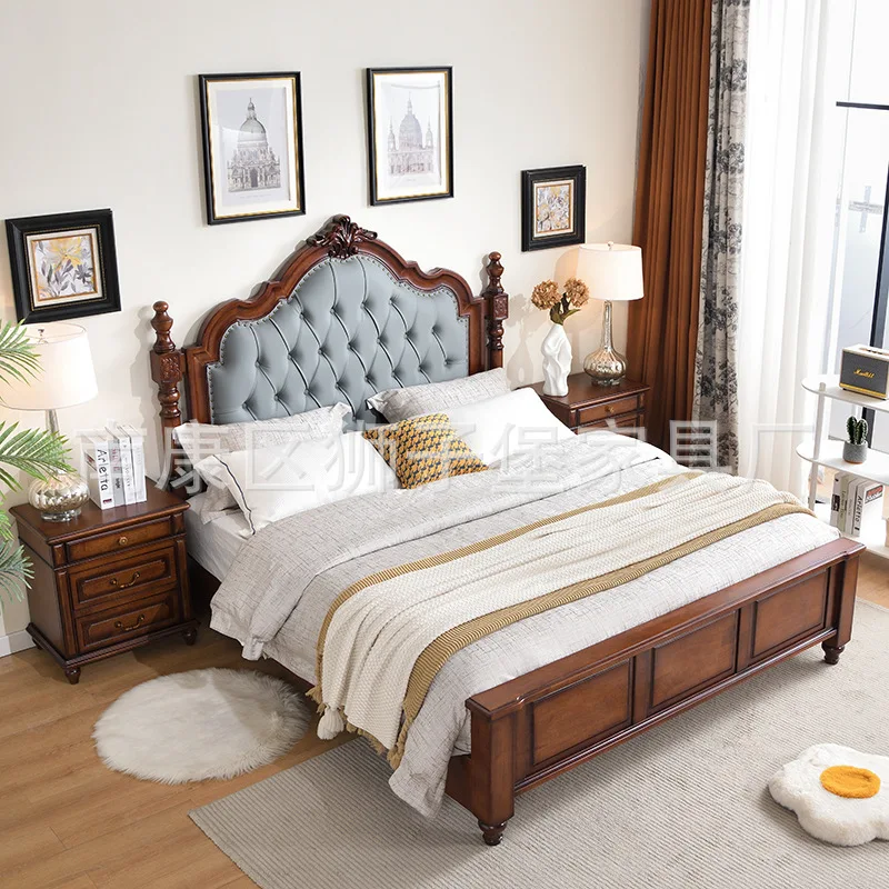 Solid wood bed leather by 1.8 meters double bed bedroom Roman column box walnut princess bed old craftsmanship high box