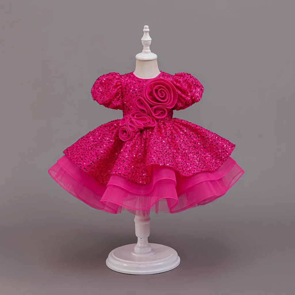 Princess Dress for Girls with Shiny Sequins Bubble Sleeves Flower Design Children's Formal Wear for Birthday Parties Performance