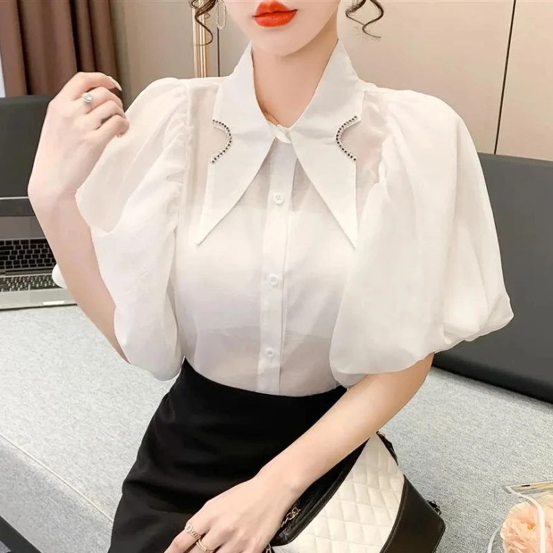 White Shirt Women Fashion Loose Puff Sleeve Blouse Korean Style Summer Short Sleeves Office Tops Thin