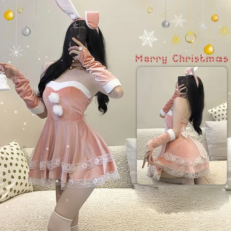 Wat22 คริสต์มาสสีแดงSantaคอสเพลย์เครื่องแต่งกายกระต่ายสีชมพูเซ็กซี่ชุดCanaryกํามะหยี่ลูกไม้กระโปรงHeadbandถุงมือที่ไม่มีสายหนังใหม่ 2025 AA