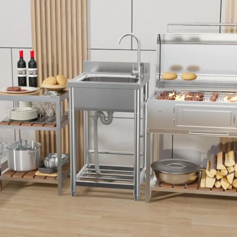 حوض أدوات من الفولاذ المقاوم للصدأ قائم بذاته مع وعاء واحد وصنبور للاستخدام الخارجي في المرآب والحديقة والمطبخ والمزرعة بورتا #2