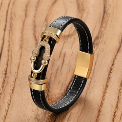 Simple Style Men's Simple Multi-Size Woven Leather Hand Rope Fashion Man Stainless Steel Magnetic Buckle Party Jewelry Gift