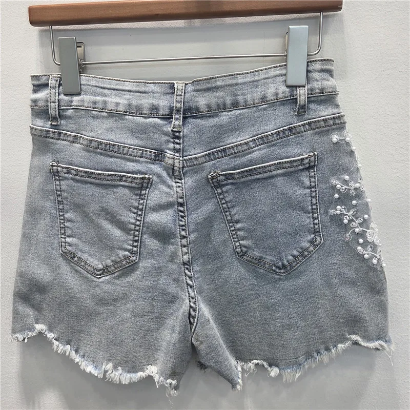 Stereoscopic Flower Denim Shorts for Women 2026 Summer High Waist Slim-looking Pants Vintage Zipper Hot Fix Rhinestone Shorts