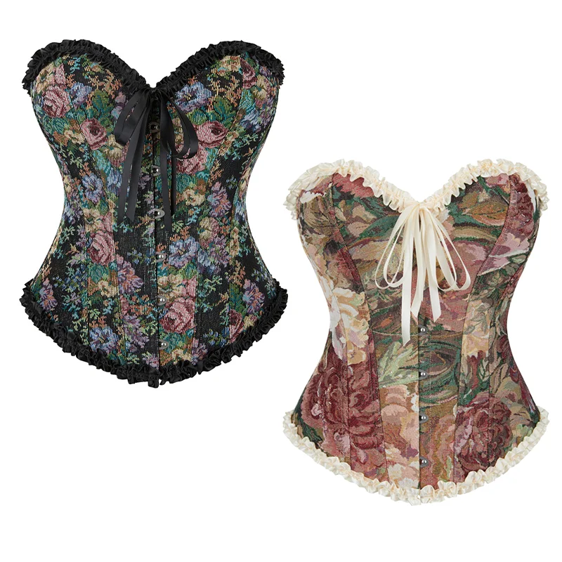 

Sexy Flower Pattern Victorian Overbust Corset for Women Exotic Vintage Slim Fashion Backless Lingerie Waist Cincher Bustier