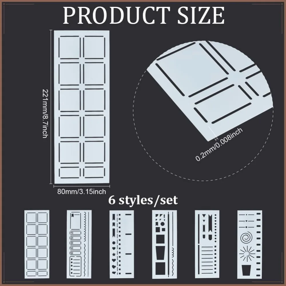 6 Styles Planner Stencil Templates 8.6x3.1Inch Journal Painting Stencil Plastic Reusable Drawing Templates for Scrapbook Fabric