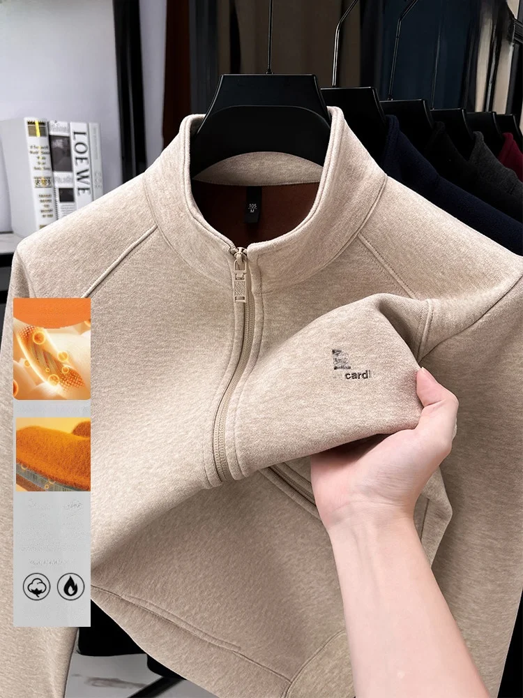 

Pierre Cardin Men's Thiened Fce Lined Stand Collar Jaet Autumn Winter Zipper Cardigan Sweatirt Warm German Velvet Coat