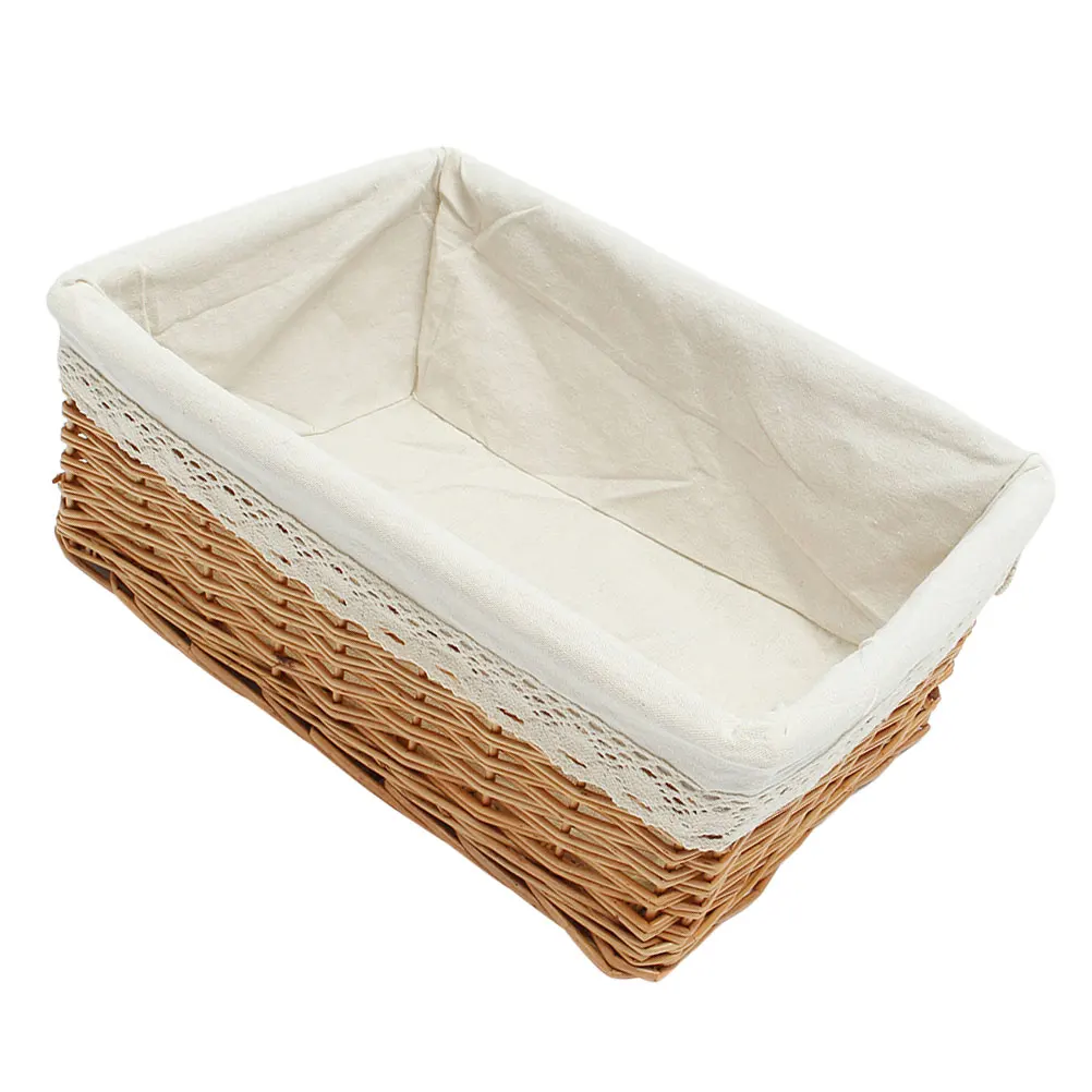 

Wicker Storage Basket 35x25x13cm Handwoven Rectangular Rattan Tray White Liner Removable Bedroom Bathroom Office