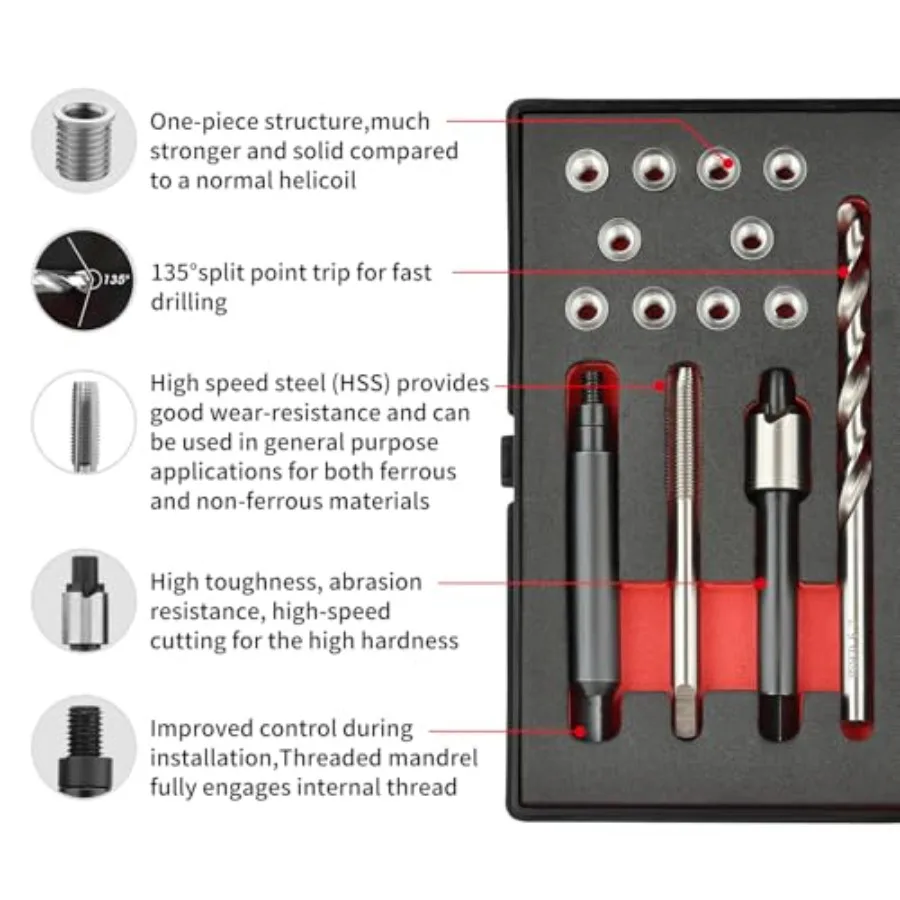 M5X0.8X7.6MM Thread Repair Kit with Insert HSS Drill, Tap, Counterbore, Installation Driver, Metric, 10PCS Stainless Steel Inse