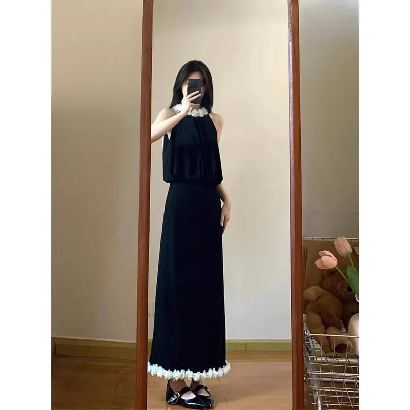 

Black Neck Hanging Dress For Women's Summer 2025 New Niche Design Sleeveless Long Skirt Set