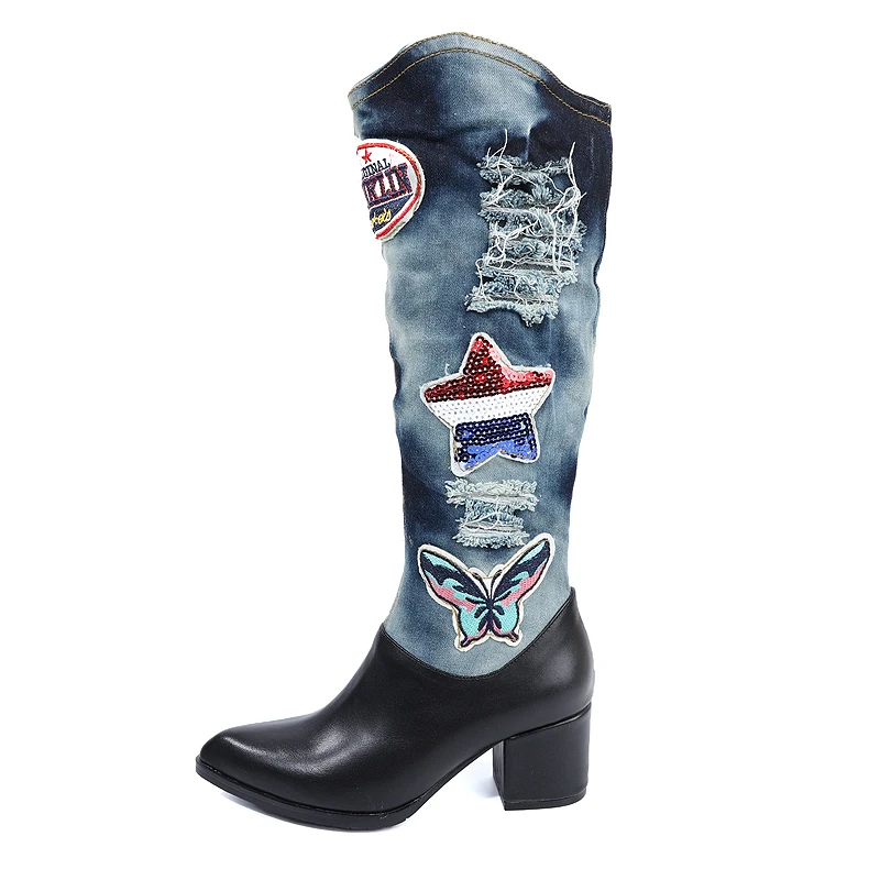 Western Style Denim Cloth Pentacle Patchwork Knee Boots Chunky High Heel Black Cow Leather Pointed Toe Cowboy Boots