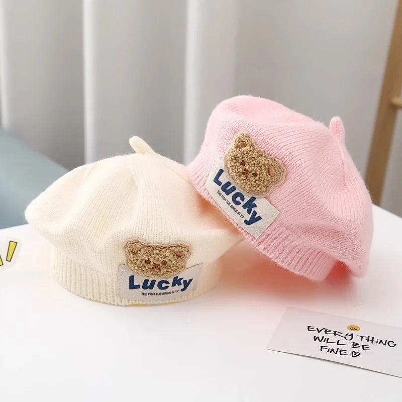 Children\'s Solid Color Knitted Hat Autumn and Winter Teddy Bear Yarn Beret Cute and Stylish Girl Cartoon Artist Treasure Hat