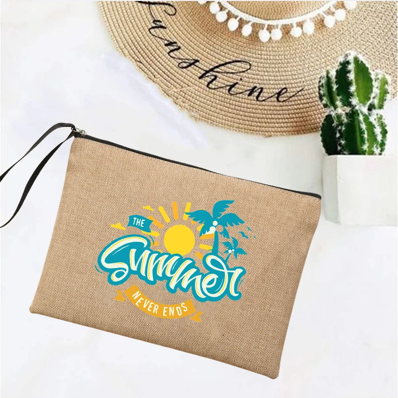 Hello Summer Linen Clutch Bag Women\'s Makeup Bags Beach Holiday Sunglasses Sunscreen Storage Pouches Travel Wash Organizer Gifts