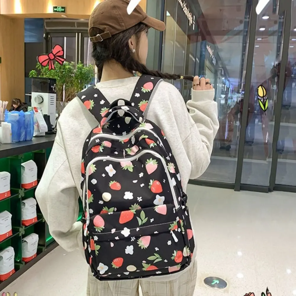 Large Capacity Strawberry Printed Backpack Multi Pocket Adjustable Strap Students Knapsack Korean Style Nylon School Bag Daily