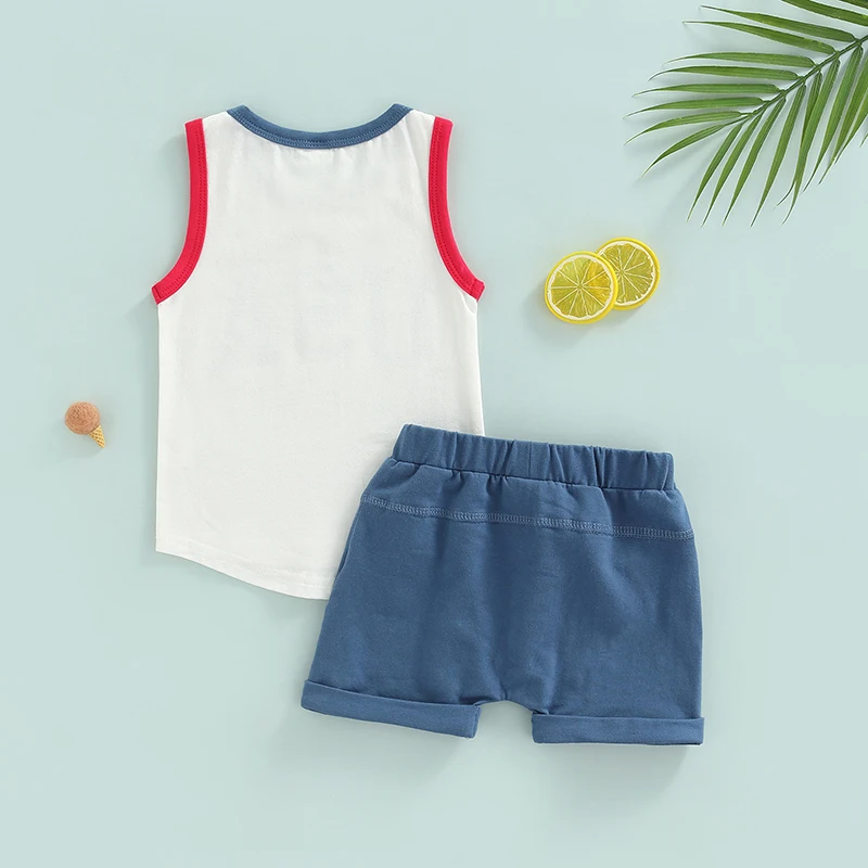 

Toddler Boys 2-Piece Outfit Set Navy Blue Short Sleeve T-Shirt Grey Cotton Shorts with Drawstring Waistband