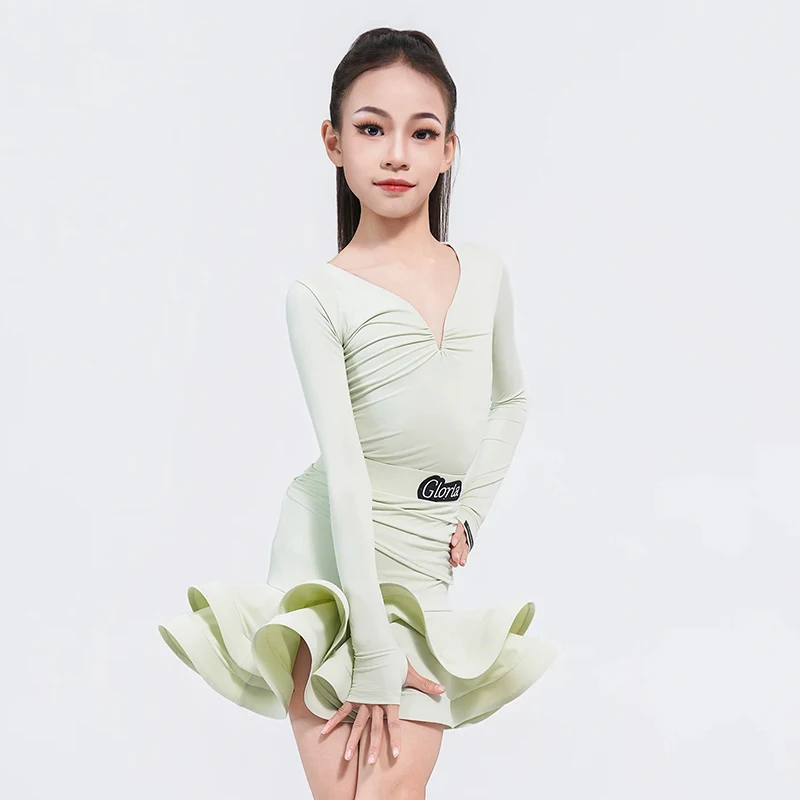 Girls Latin Dance Costume Long Sleeve Black Leotard Ruffle Skirt Children Chacha Samba Dance Practice Performance Clothes 6232