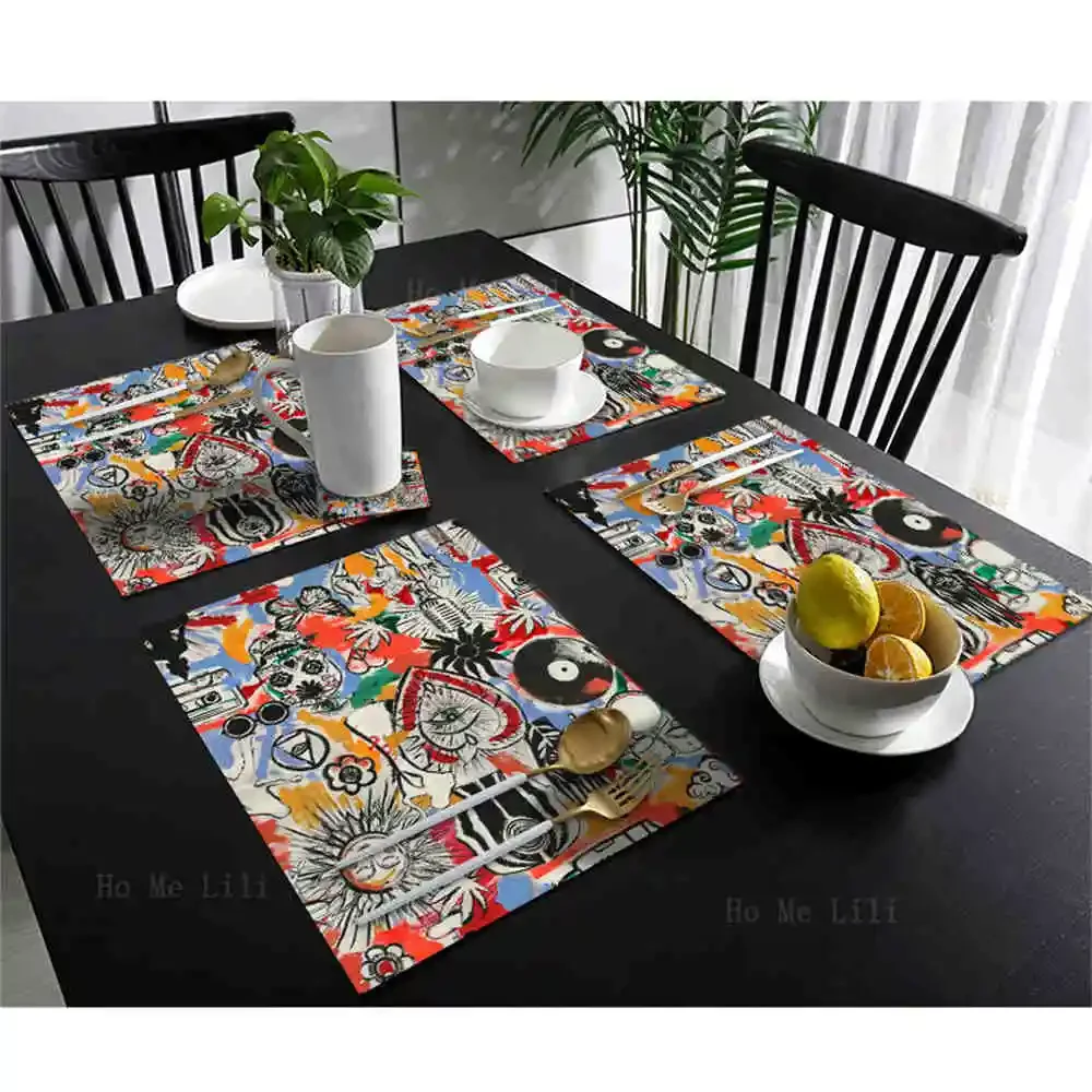 Psychadelic Sugar Skull Carnival Woodstock Lifestyle Disco Ball Gold Boho Style Polyester Fabric Placemats