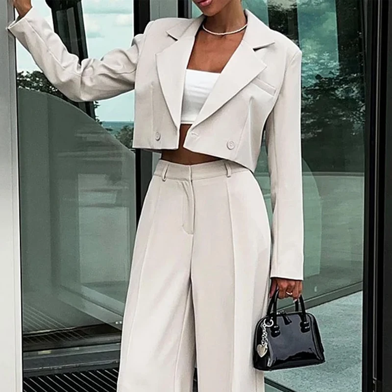 Wefads Autumn Women 2 Piece Set Office Simple Solid Long Sleeve Lapel High Waist Top Loose Straight Pantse Sets Streetwear