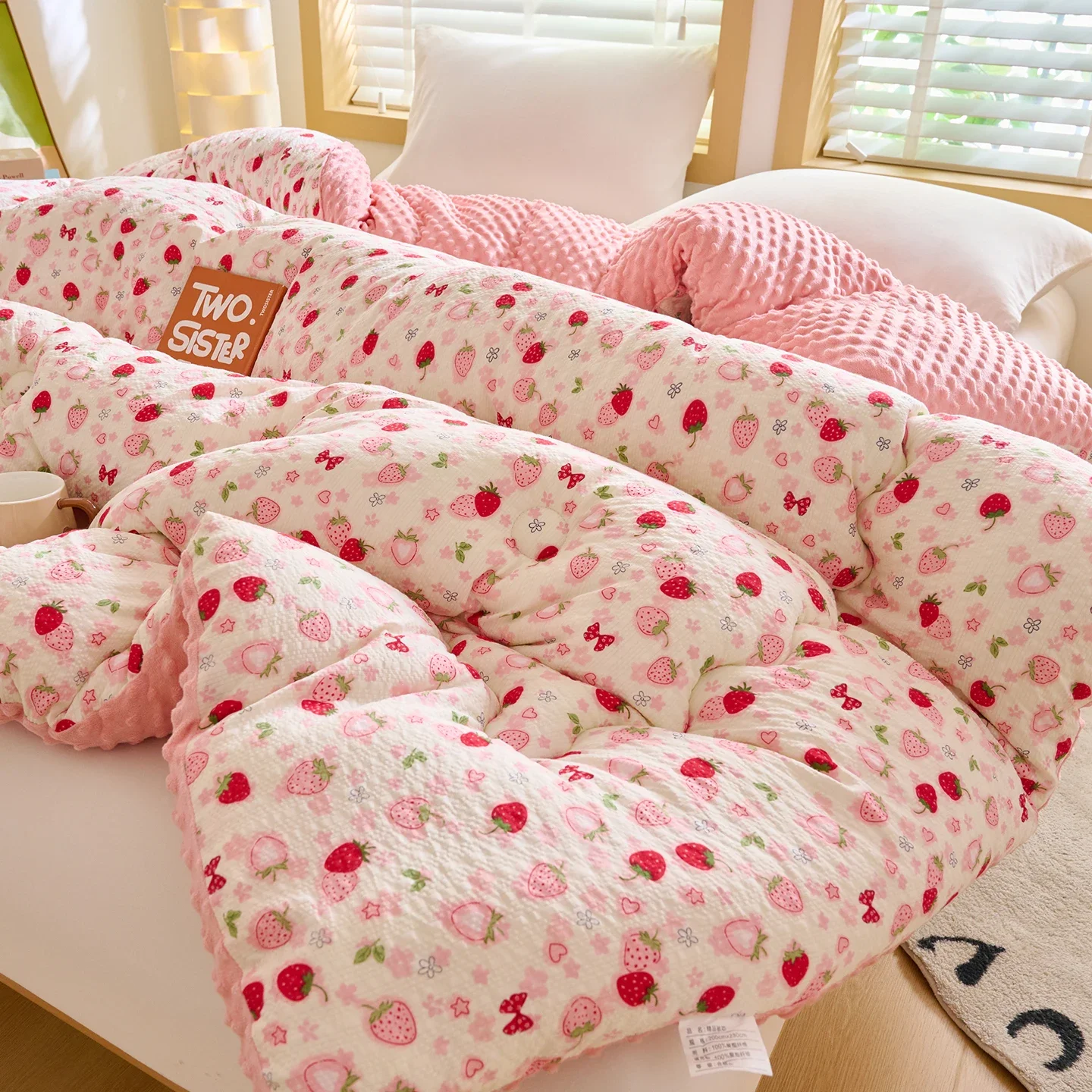 Strawberry Print Thick Warm Winter Blanket Soft Skin Friendly Minky Dot Fleece Comforter Reversible Fluffy Cozy Double Bed Quilt