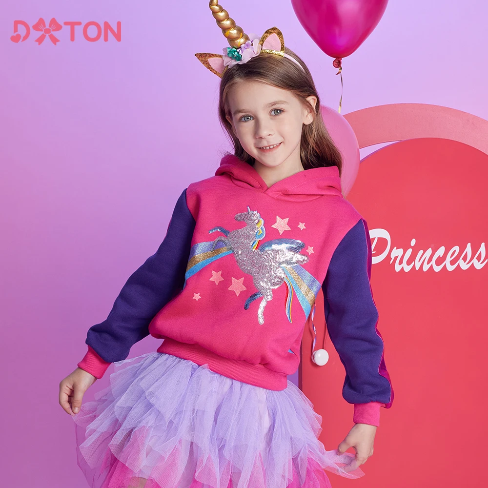 DXTON Girls Hooded Sweatshirts Thick Children Winter Clothes Rainbow Kids Hoodie Sport T-shirts Toddler Unicorn Tops Outerwear