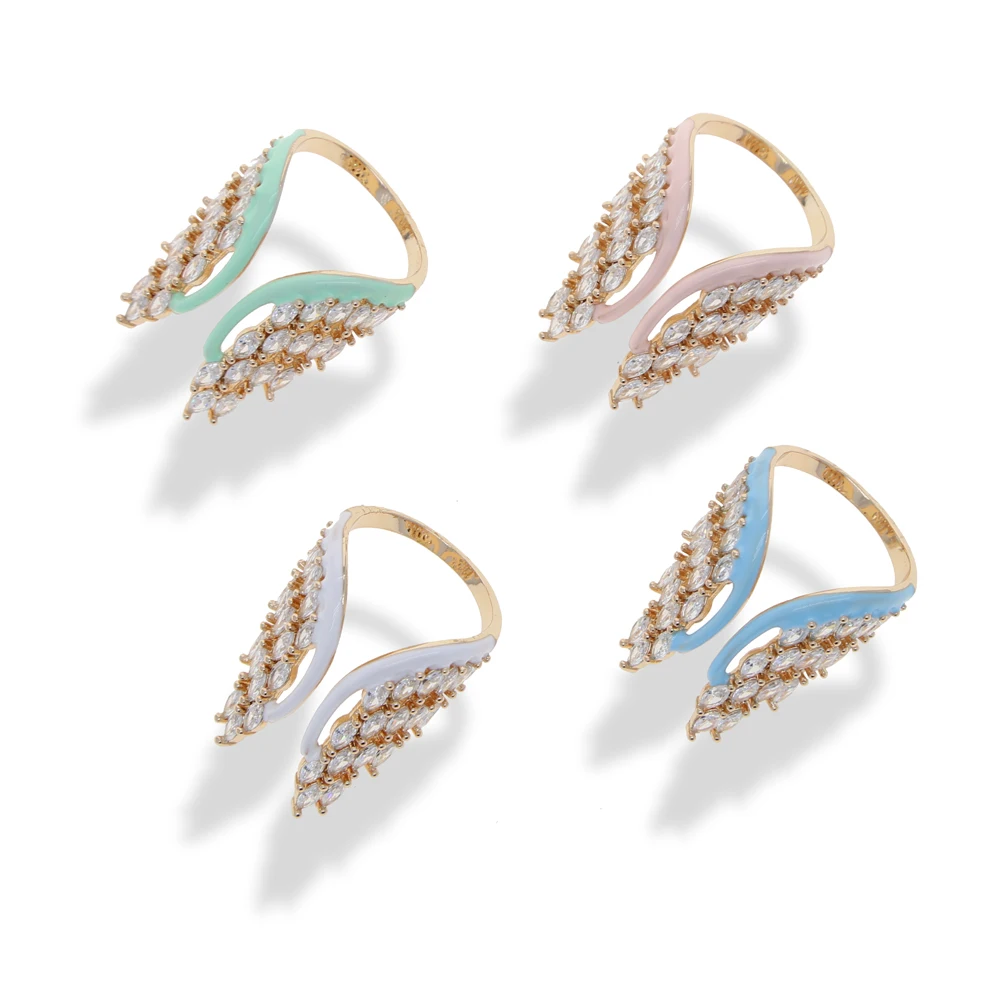 Gorgeous Pink White Blue Green Enamel Wing Ring for Women Rose Gold Color Pave Marquise Cubic Zirconia Fashion Jewelry Accessory
