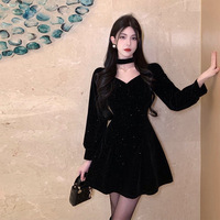 Black Velvet Bodycon Dress French Style Birthday Gift Women's Spring Autumn Sexy Slim Fit Hepburn Short Skirt Polyester Fabric