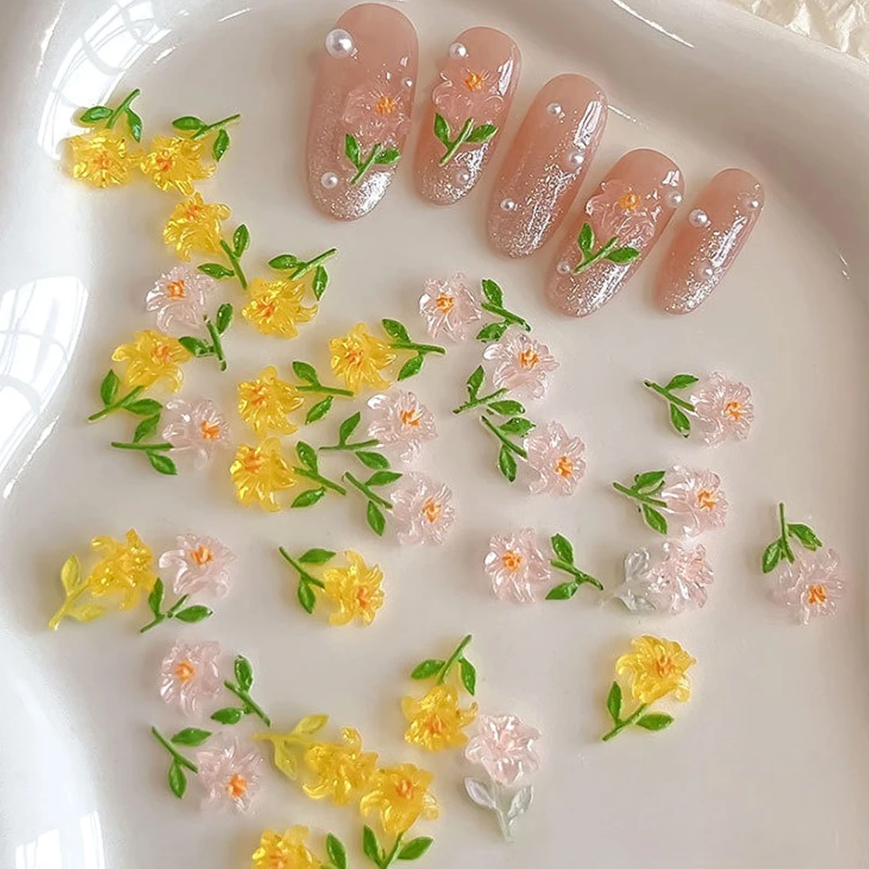 

Lily Flowers Green Leaves Camellia Exquisite Nail Art Decorations Vintage Rose Ice Transparent Resin Carved Accessories Manicure