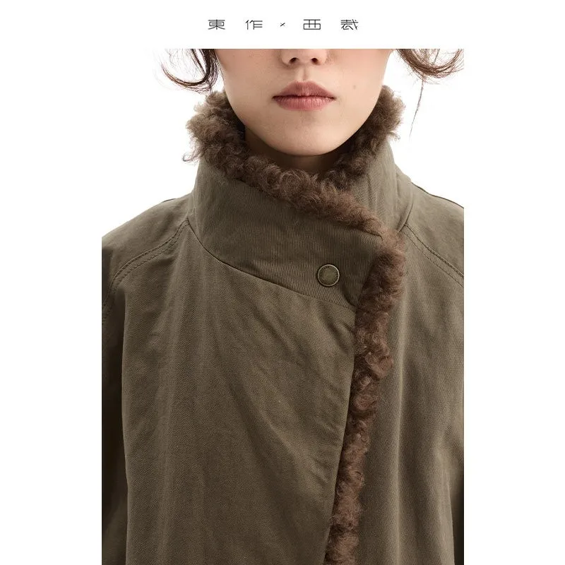 Col en laine ~ Veste en duvet d'oie de style barn, parka à revers, manteau court pour femmes de petite taille, vêtements d'hiver