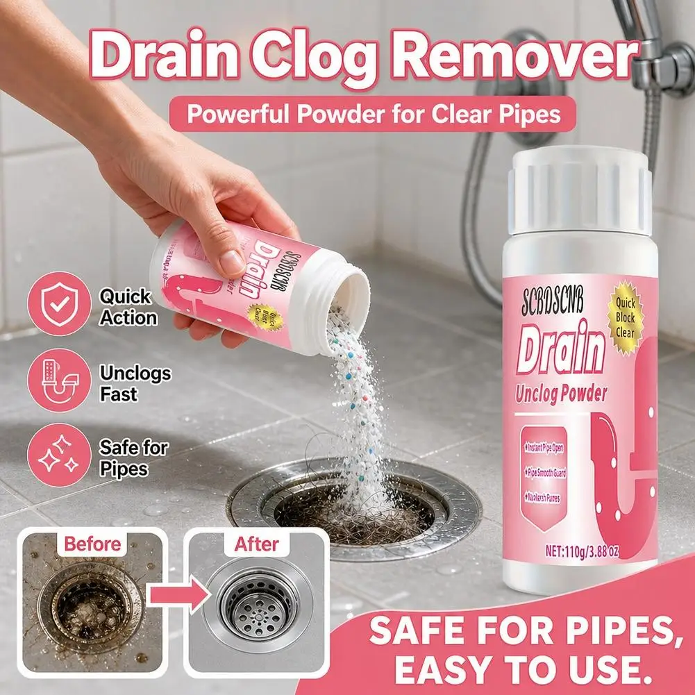 Powerful Drain Cleaner Powder, Dissolves Hair & Grease, Deodorizes & Prevents Clogs for Sinks, Bathrooms & Toilets