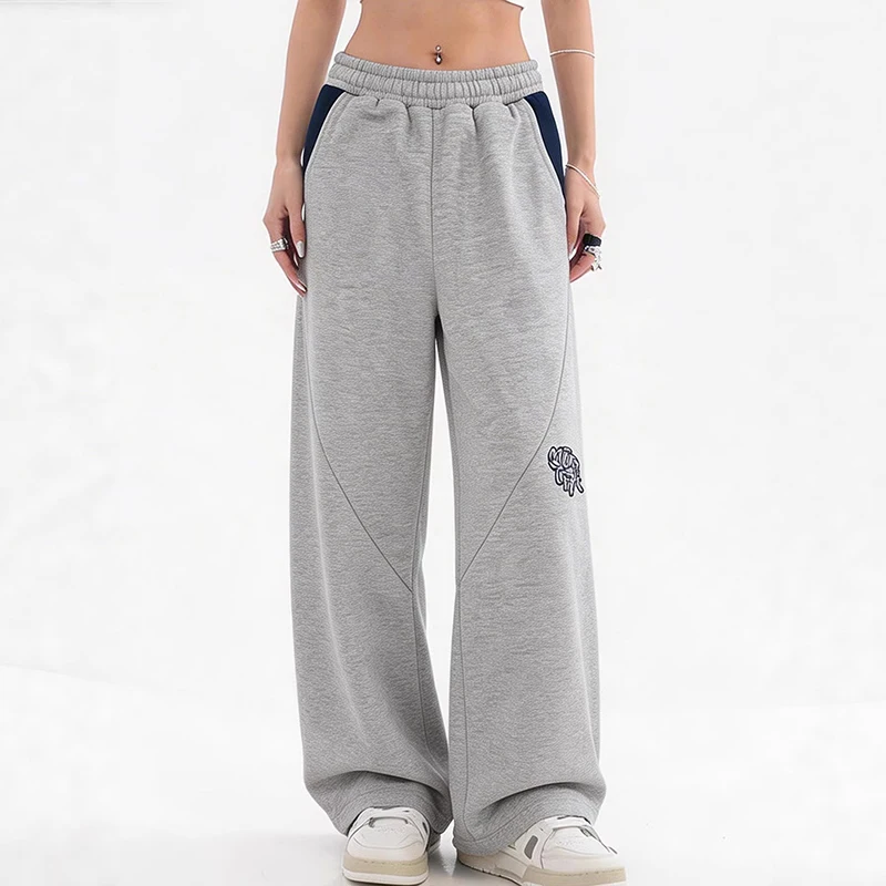 Amerikanische Kontrastnähte Kreative Buchstabendruck-Loose-Fit-Hose 2000er Herbst Winter Sporttrend Lässige Damenhose