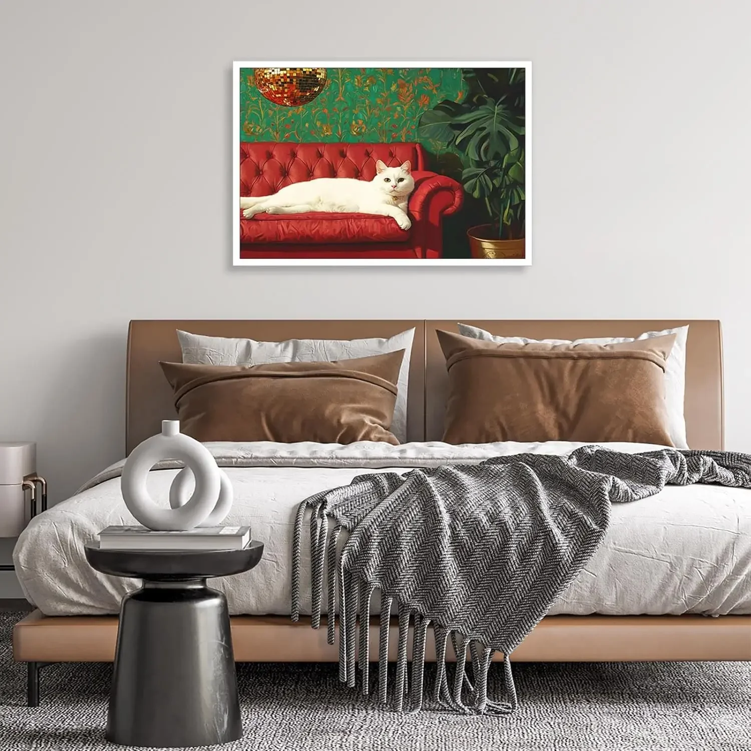 Disco Ball White Cat Print Picture Poster Funny Pet White Cat Sleeping Sofa Canvas Painting Home Room Decoration Frameless