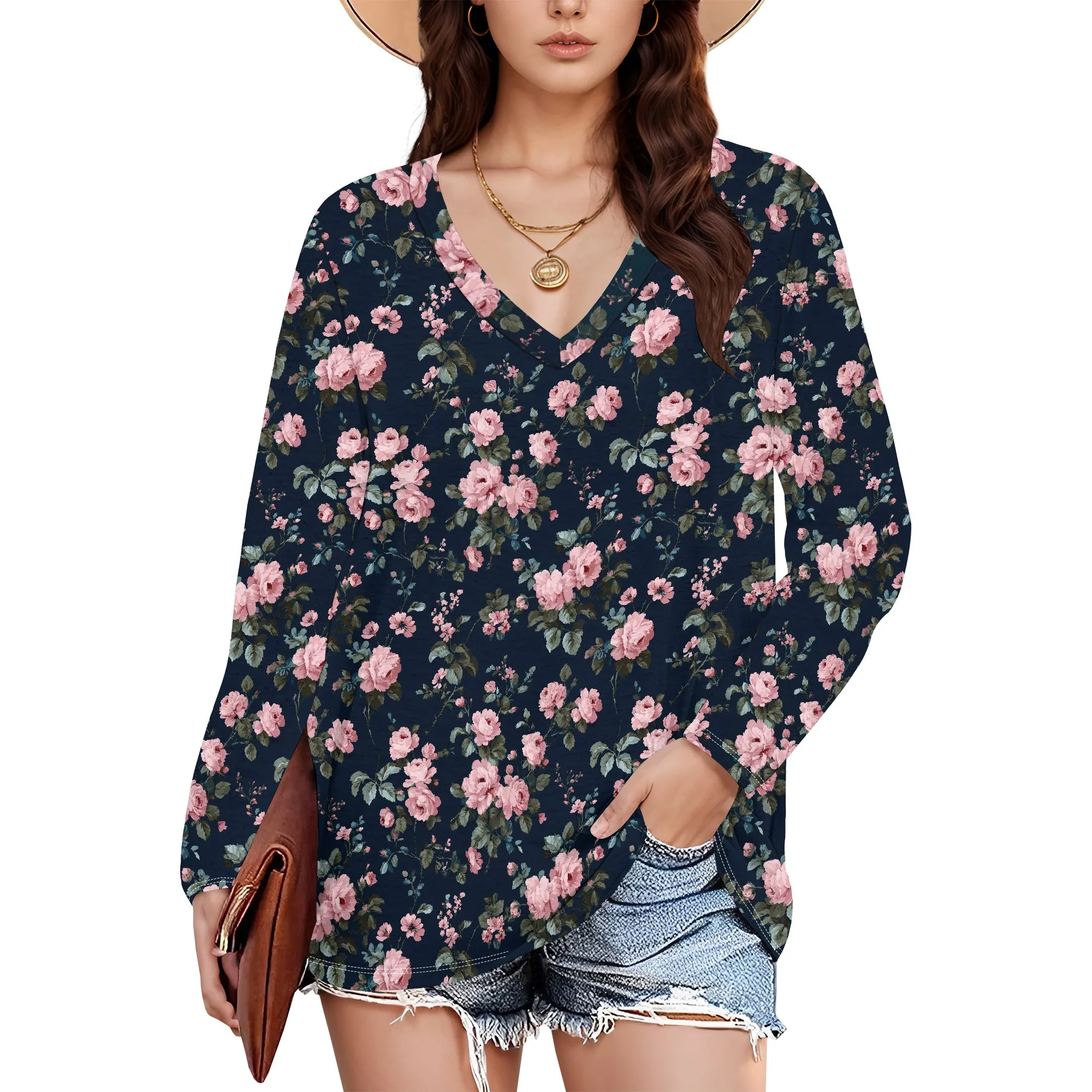 

Women's Plus Size Tops Long Sleeve Tee Shirt V Neck Basic Ladies Loose Fit T Shirt