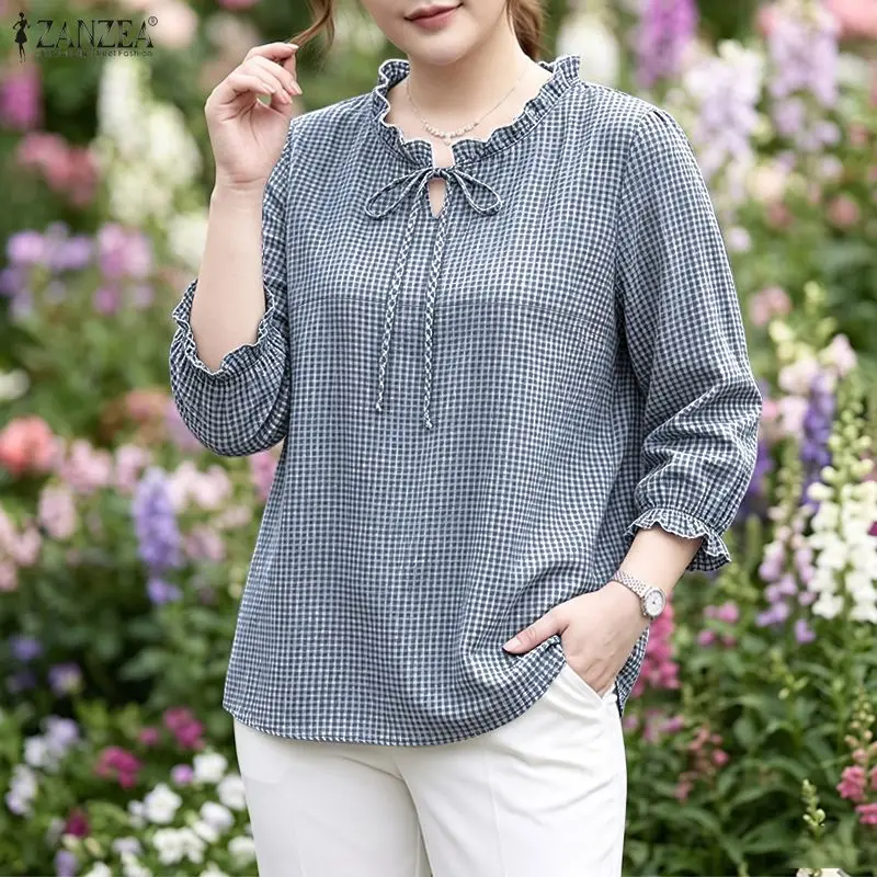 ZANZEA Blusa a cuadros para mujer, Tops con mangas 3/4 tipo linterna, camisas holgadas con cuello con volantes, túnicas elegantes, Blusas informales de trabajo para otoño para mujer
