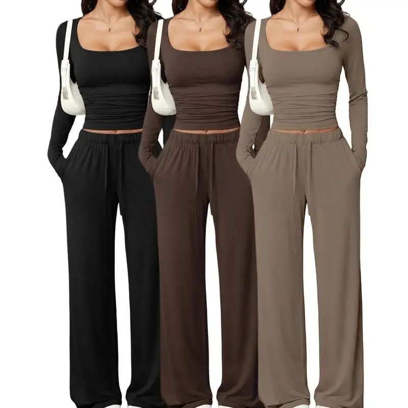 2027 New Women Two Piece Outfit Casual Sports Yoga Set Solid Color Crew Neck Long Sleeve Autumn Winter Fashion Streetwear Tracks