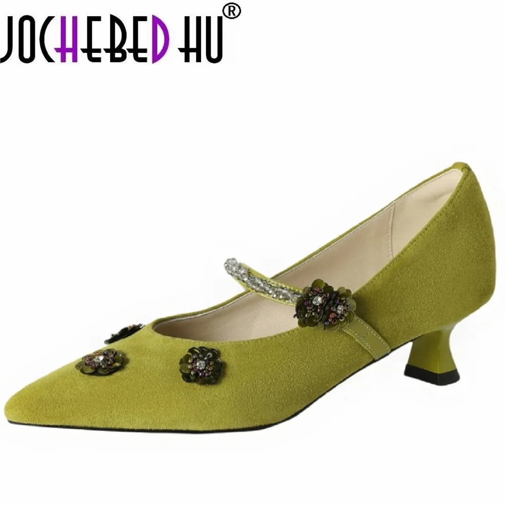 

【JOCHEBED HU】Удобная женская верхняя одежда из натуральной кожи ручной работы с кристаллами на среднем каблуке 34-40