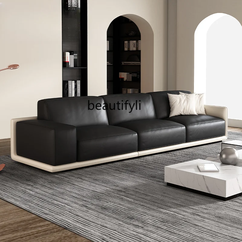 yj Italian Minimalist Leather Sofa Black down Feather Four-Seat First Layer Cowhide Square Straight Row Sofa