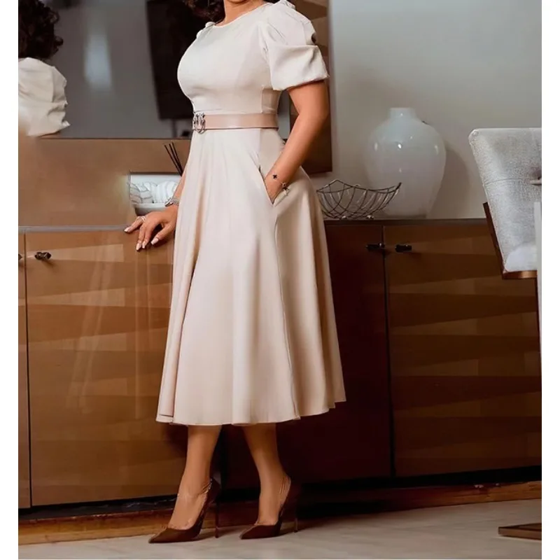 

Crew Neck Temperament Elegant Waist Large Swing Puff Sleeves A-line Skirt Dress