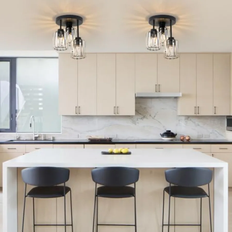 Black Flush Mount Ceiling Light 3-Light Modern Ceiling Light Close to Ceiling Light Fixtures with Clear K9 Crystal Shade Kitche