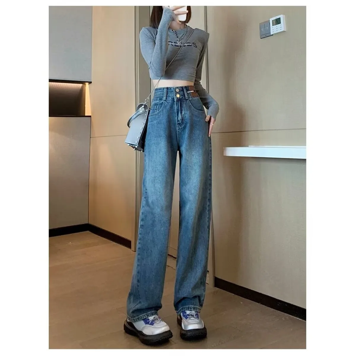 Calça jeans feminina de cintura alta, perna larga, novo ajuste solto, perna reta, look slim