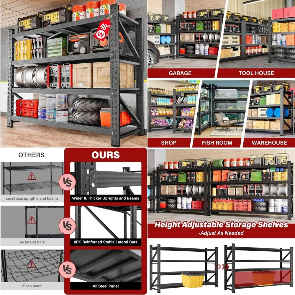 Heavy Duty 48 Wide Metal Storage Shelves - 3000 lbs Capacity, 24 Deep, Large Garage Racks for Industrial Use