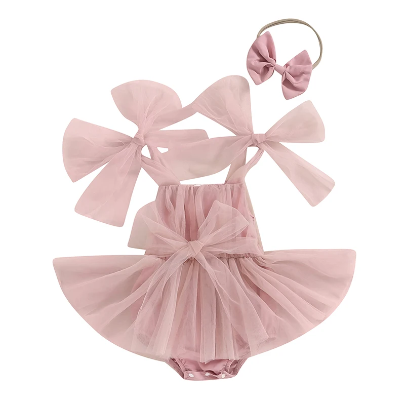 

Baby Girls Rompers Dress Solid Color Tulle Skirt Hem Sleeveless Jumpsuits Toddler Clothes Infant Bodysuits with Bow Headband