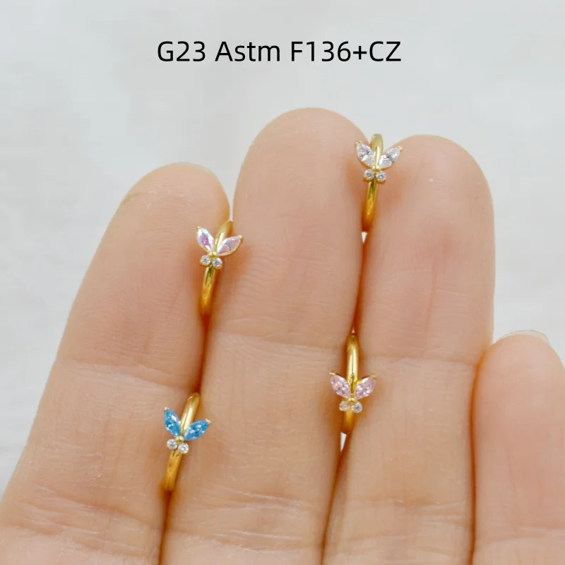 10pc G23 Titanium Body Piercing Jewelry Butterfly CZ Nose Hinged Ring Ear Cartilage Helix Tragus Rook Hoop  Clicker Septum NEW