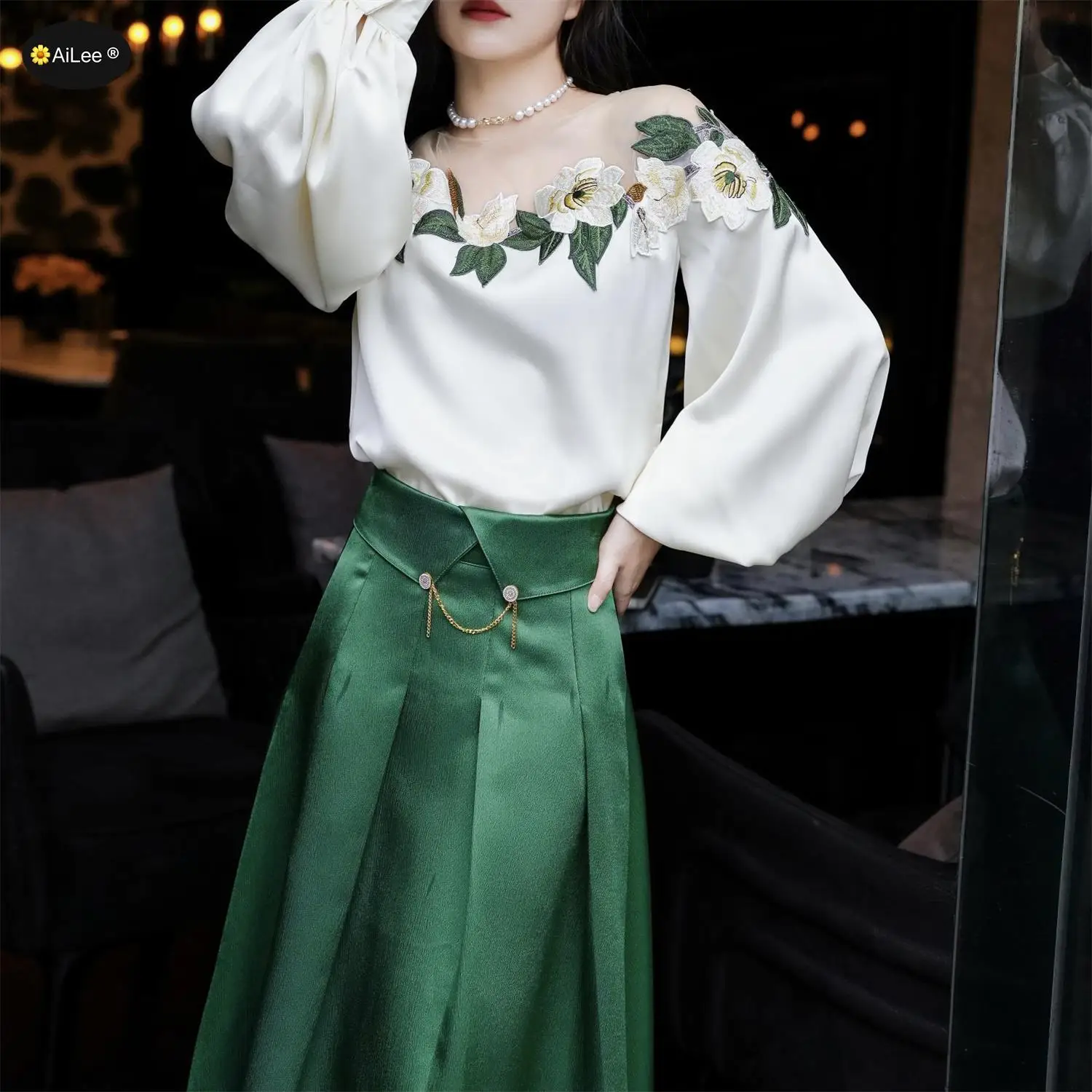 Chic Fashion Women Tops 3D Floral Patchwork Splice Long Lantern Sleeve Lace Female Blouse Lace Banquet Party Dating Shirts