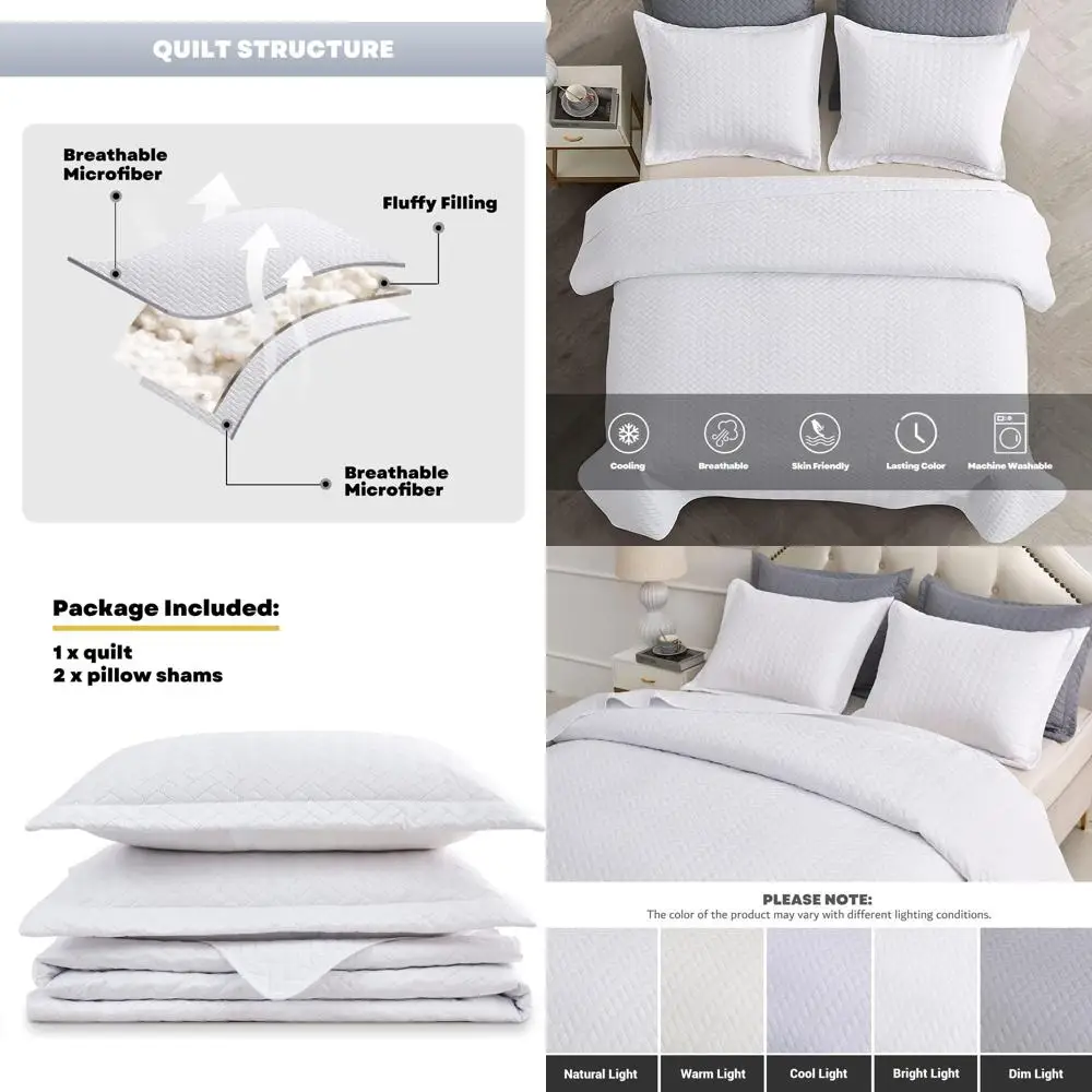 

Белый комплект постельного белья размера «queen-size», легкое покрывало UltraChevron или всесезонное одеяло-комфортер для декора спальни — 3 предмета